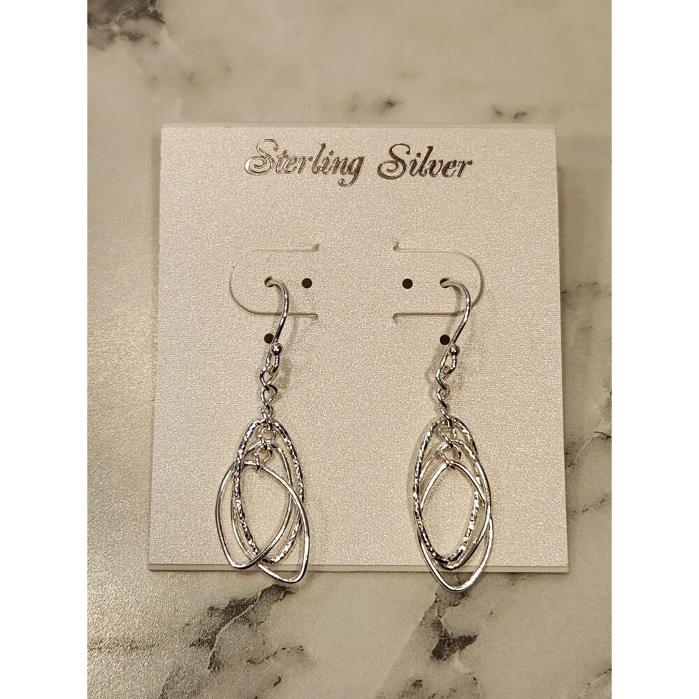 Sterling Silver Oval Layered Dangle Earrings Textured Design Lightweight Elegant
